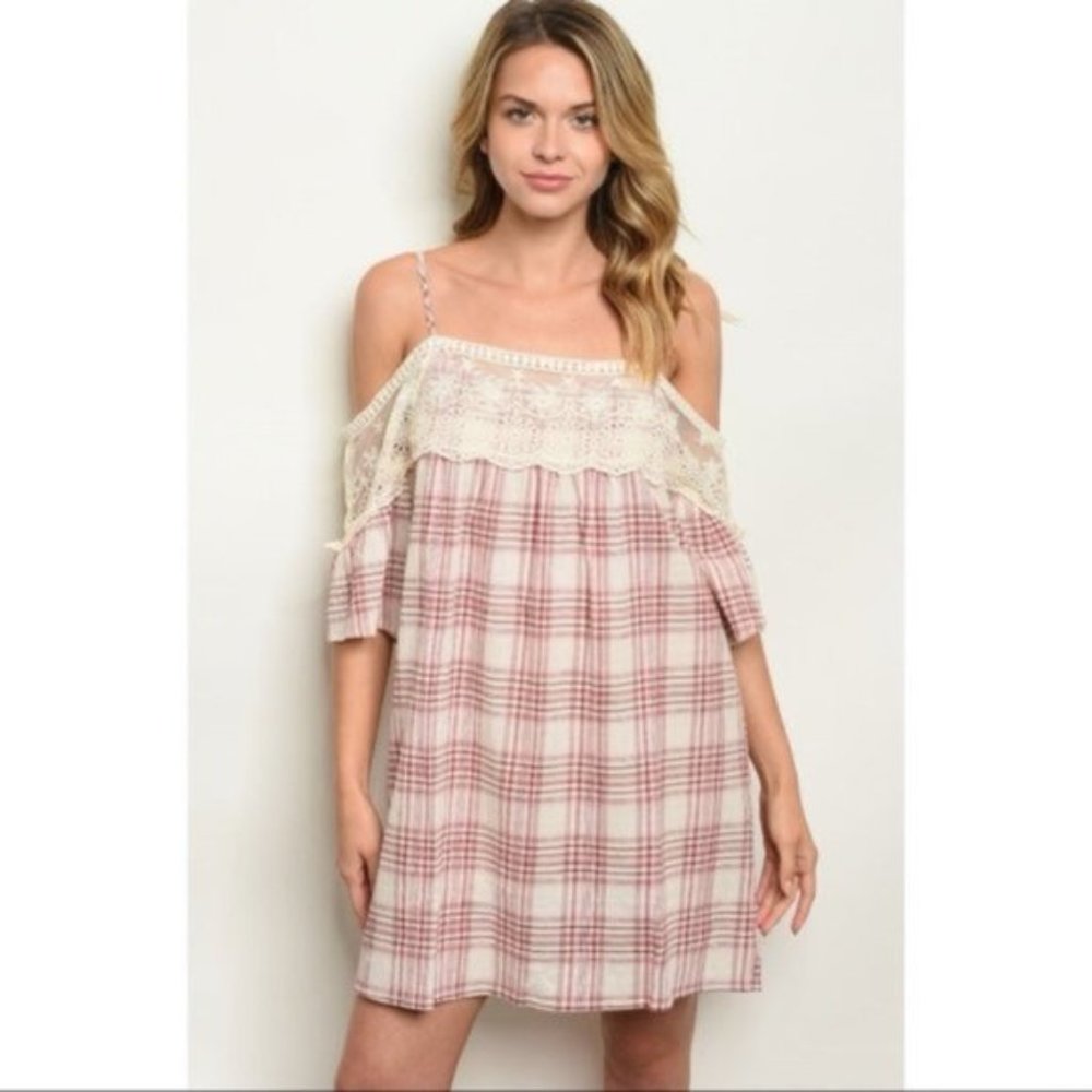 Plaid Off The Shoulder Dress With Lace Detail